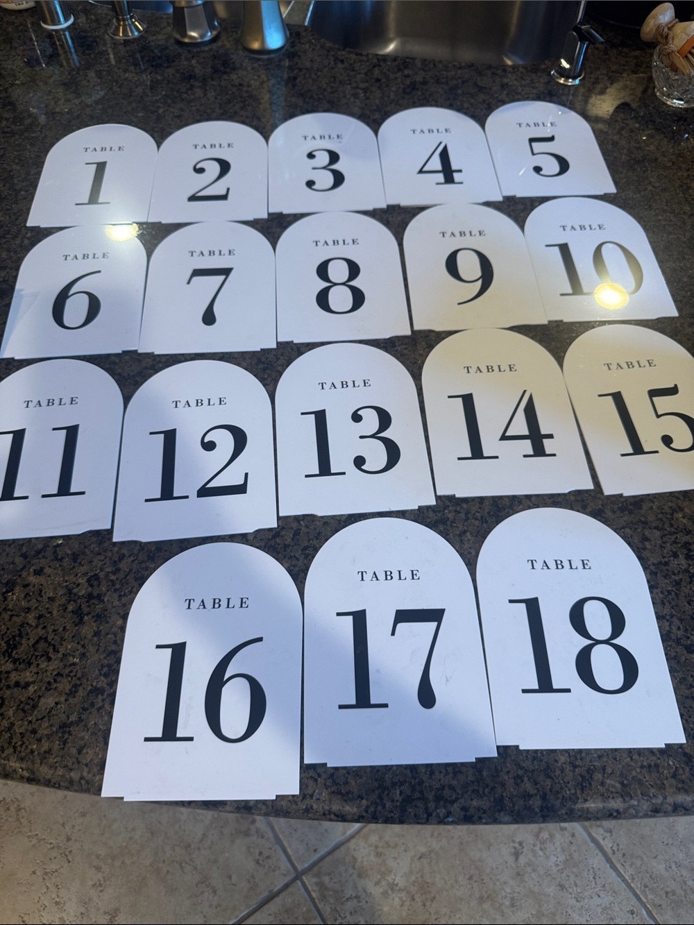 Set of Numbered Table Signs - White with Black Numbers (1-18) + bonus